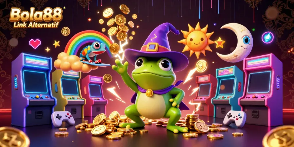 Experience winning with Bola88 Link Alternatif, a vibrant casino scene featuring animated characters and gaming elements.