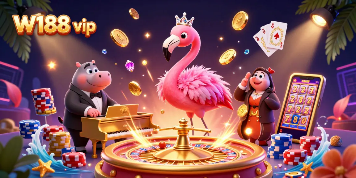 Experience the excitement of W188 vip with a dazzling 3D casino illustration showcasing vibrant characters and dynamic gaming elements.