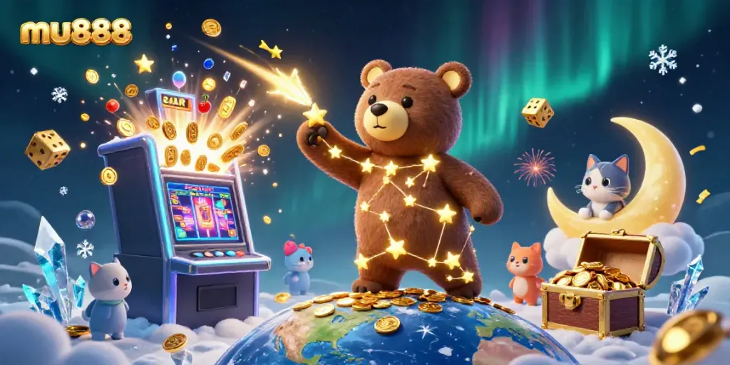 Experience the magic of mu888 with a captivating 3D scene of a starry bear, coins, and a jackpot slot machine.