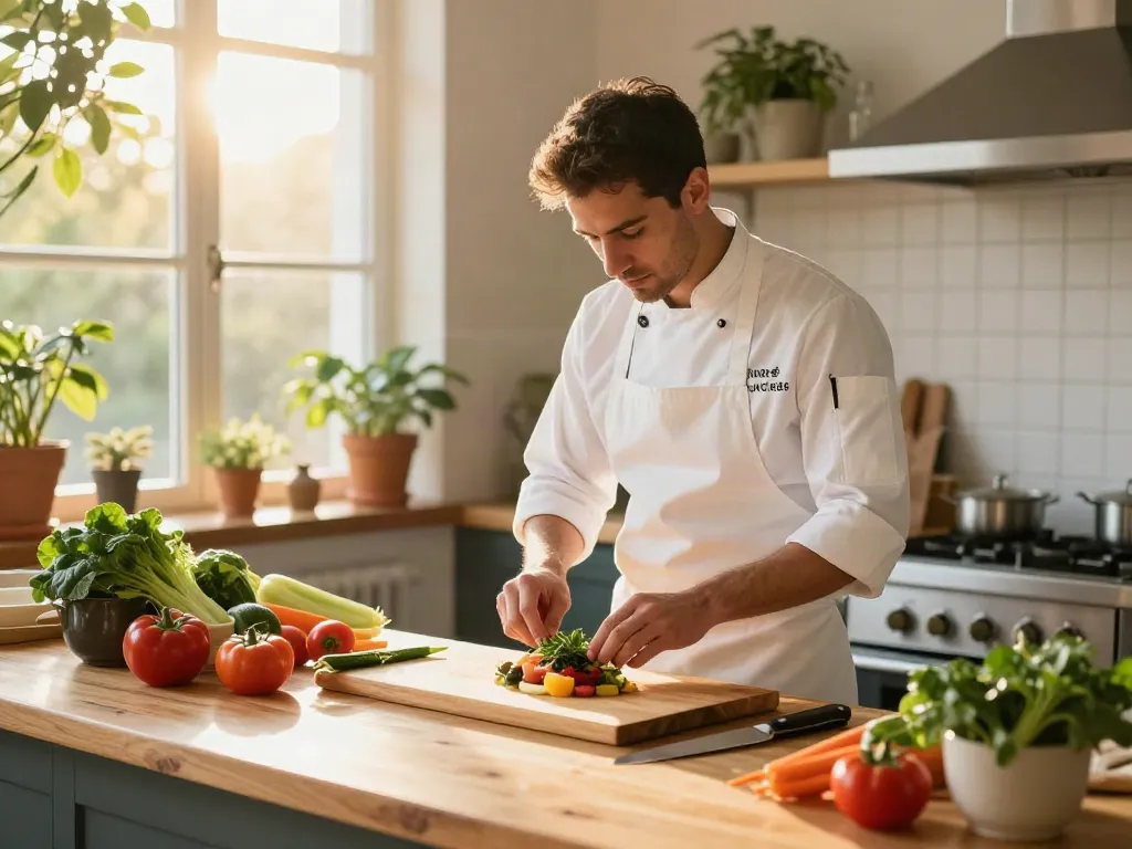 Chef preparing fresh dishes in a vibrant kitchen, highlighting rokok88 culinary passion.