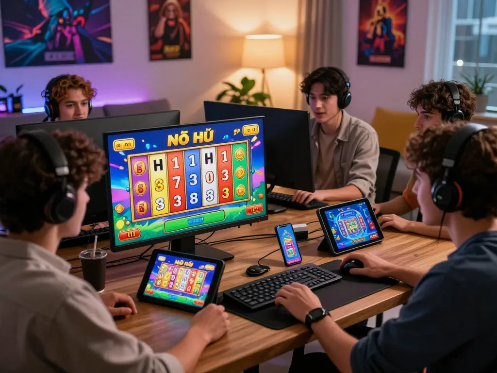 Nổ Hũ là gì? Friends excitedly playing Nổ Hũ online game in a cozy living room.