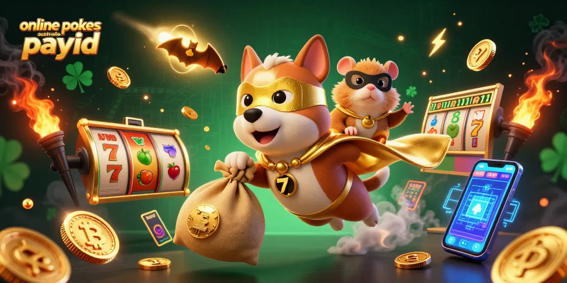 Experience online pokies Australia PayID with a hero dog and hamster amidst rich casino elements.