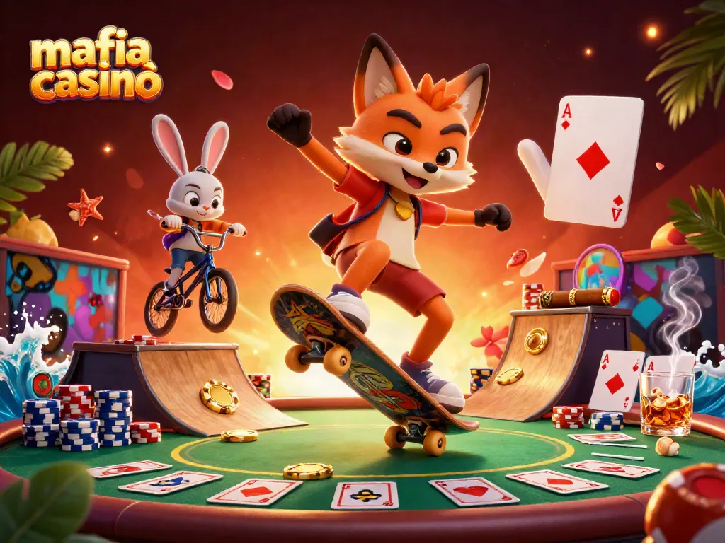 Engage with the mafia casinò experience, featuring a skateboarder fox and BMX rabbit amidst poker elements.