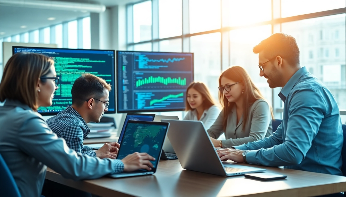 Dynamic teamwork developing AI Software in a bright office, showcasing teamwork and technology integration.