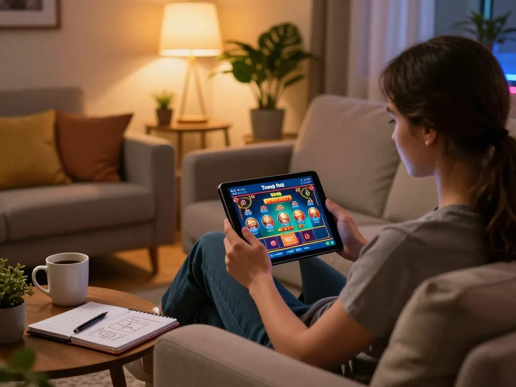 Engaging online gaming atmosphere at Trang chủ F168 with a user playing on a tablet in a cozy living room setup.