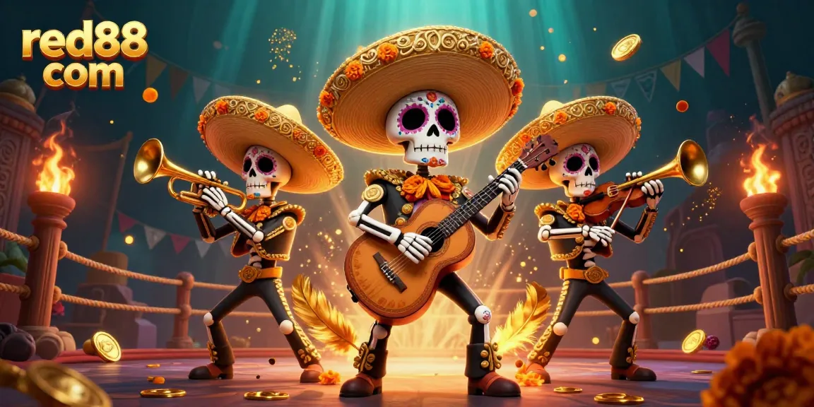 Experience gaming excitement at red88 com with skeleton mariachi band amid casino action.