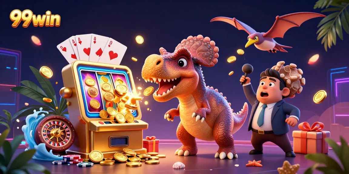 99win slot machine jackpot scene with dinosaurs and vibrant casino elements