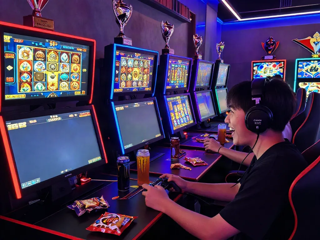 Exciting moment of a player engaged in rokok88 login during a slot machine tournament with colorful graphics and snacks