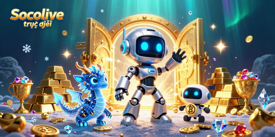 Socolive trực tiếp showcases exciting sports betting with a vibrant 3D illustration of a robot and a dragon by treasure.