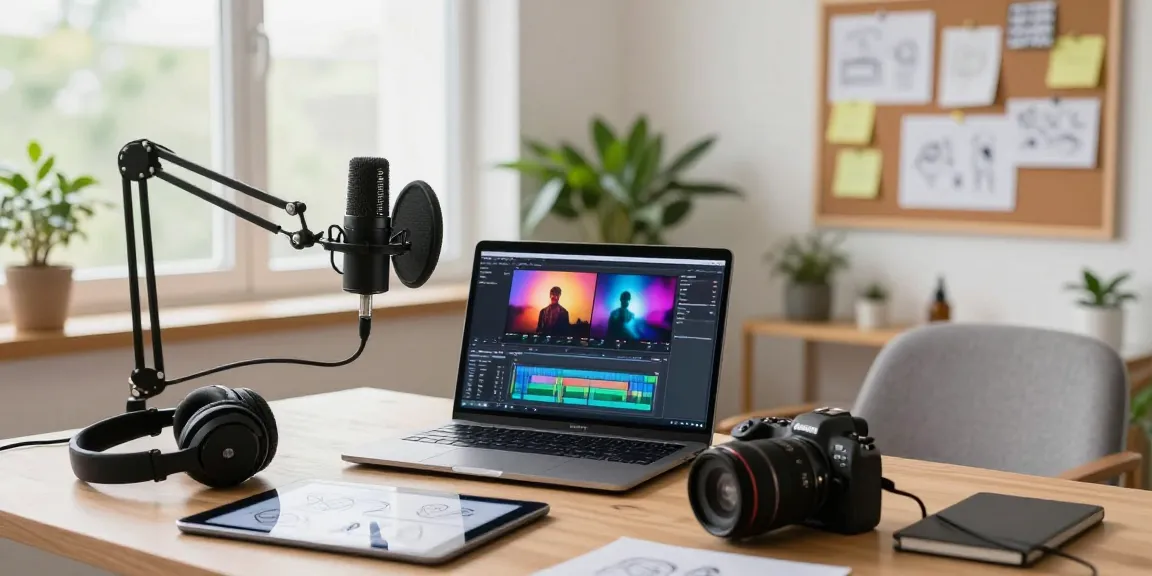 Creative content production scene featuring hm88 podcast setup with microphone and laptop.