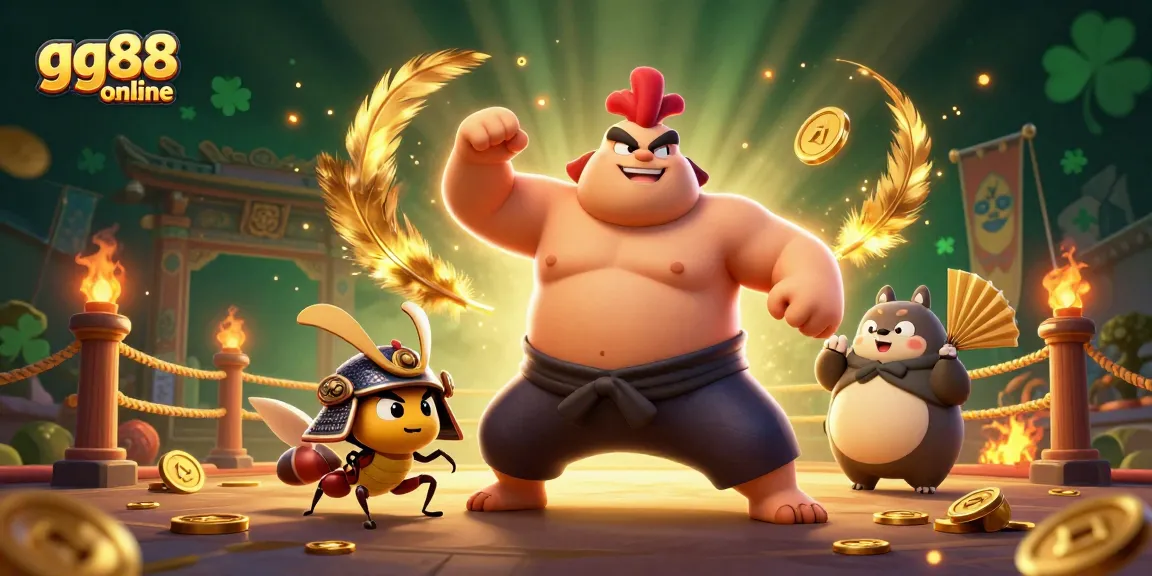 Engage in thrilling gameplay at gg88 online, featuring a sumo wrestler rooster in an energetic casino scene.