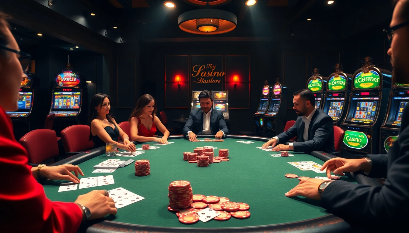 Nohu90 players engaged in an exciting poker game surrounded by vibrant slot machines.