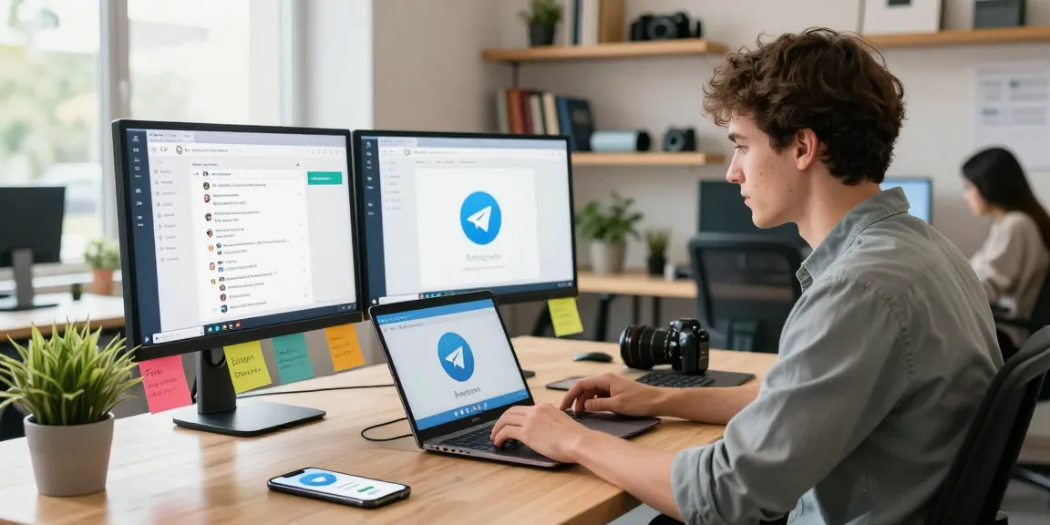 Using Telegram web version on a modern workspace with tech gadgets and bright atmosphere.