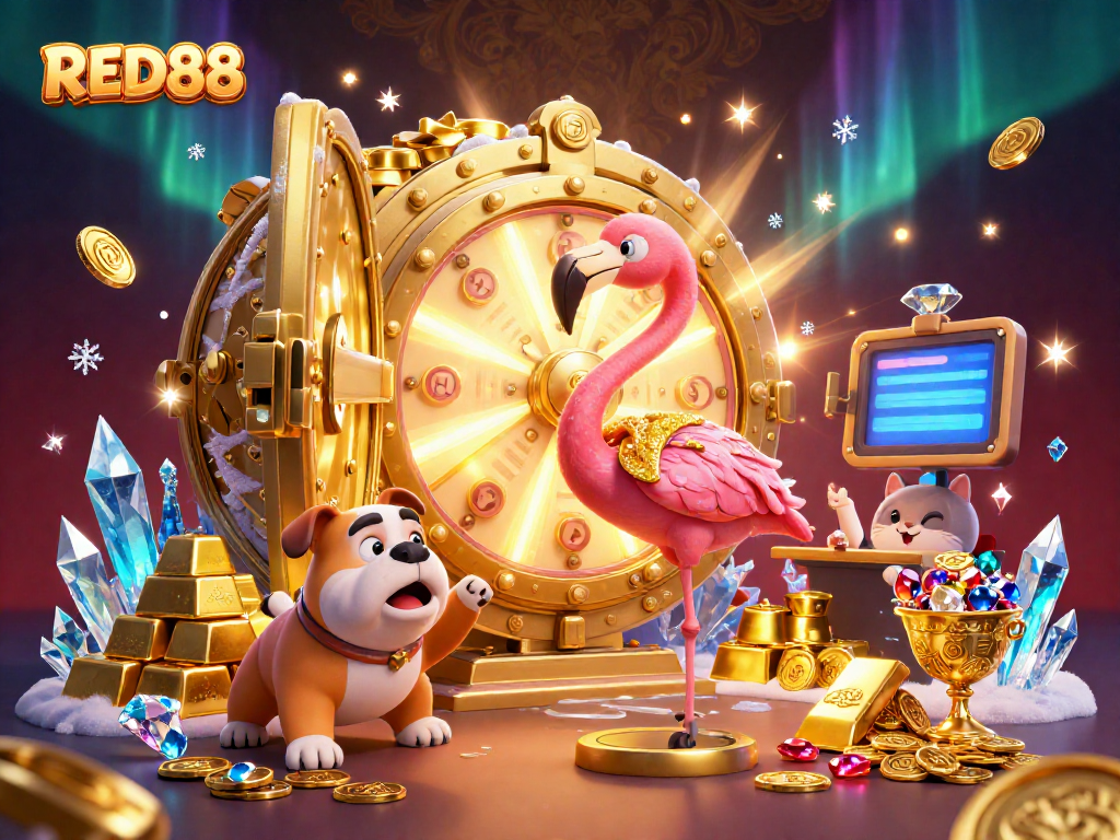 Engage with RED88 while a flamingo host spins a prize wheel and a bulldog contestant jumps in excitement.