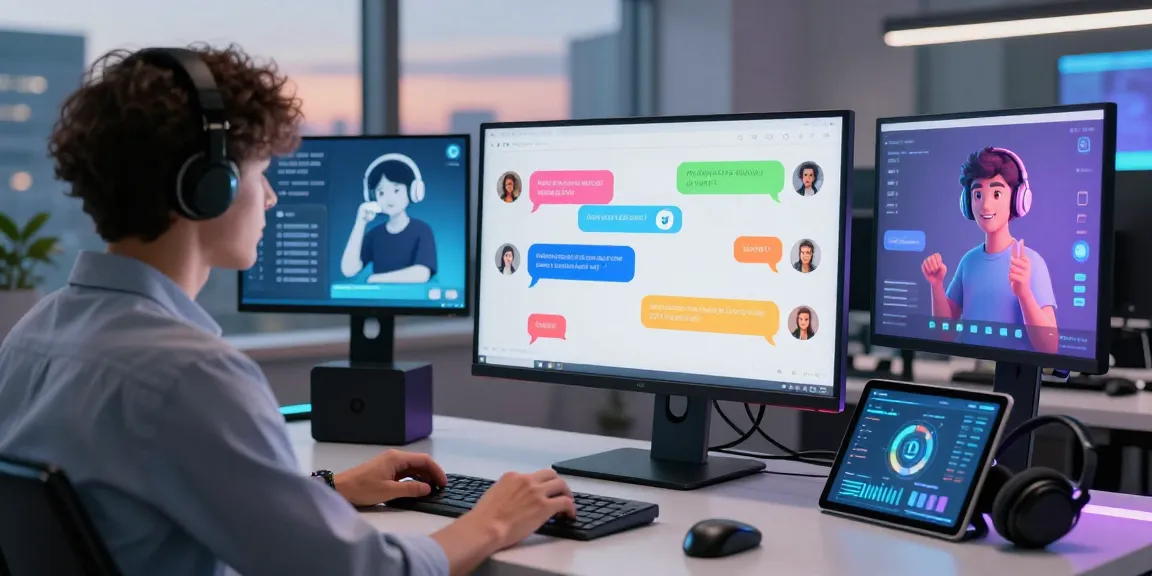 Interactive spicy AI chat on a high-tech monitor with colorful bubbles.