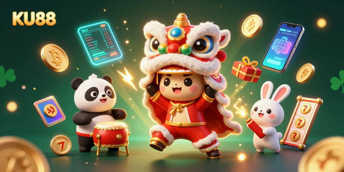 Engage with KU88's vibrant casino scene featuring Bitcoin, lively characters, and slot elements.