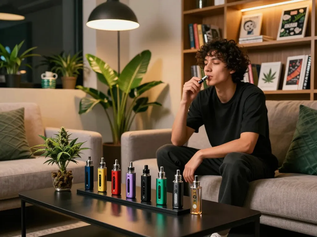 Persona elegante che utilizza una penna vaporizatore THC in un moderno lounge.