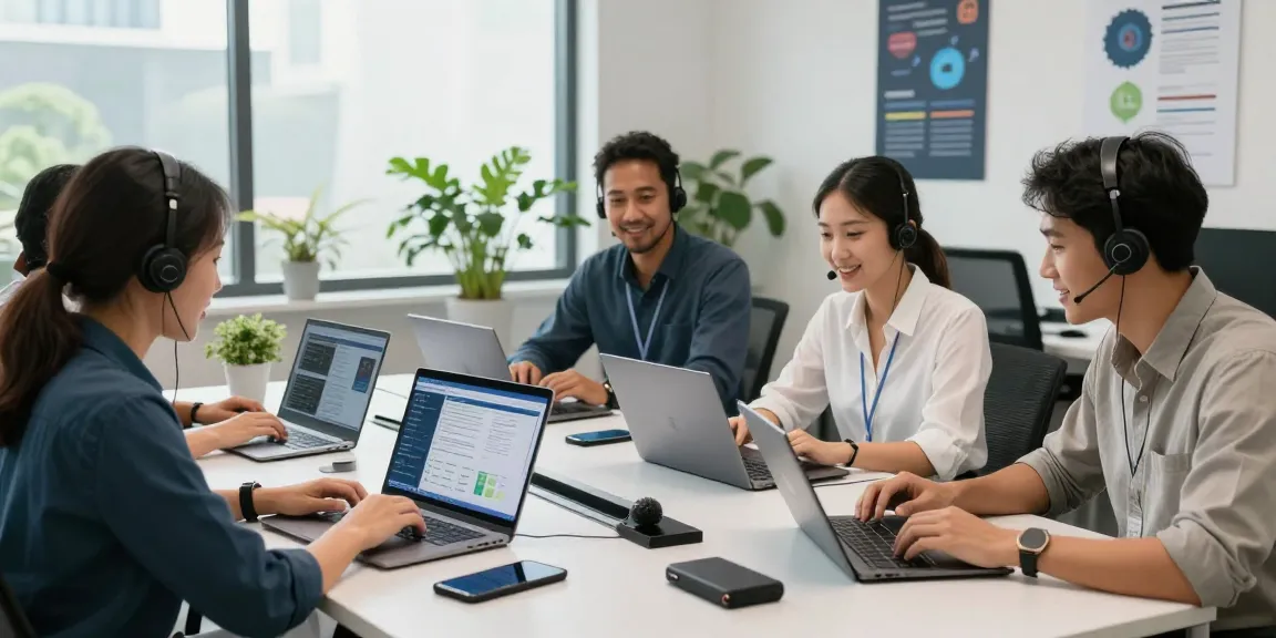 IT support small business team collaborating in a modern office space, showcasing teamwork and technology