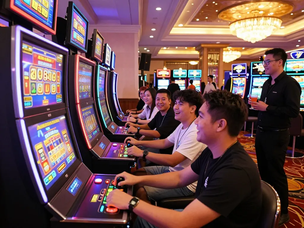 Exciting gambling scene at https://nohu78.de.com with diverse players at vibrant slot machines.