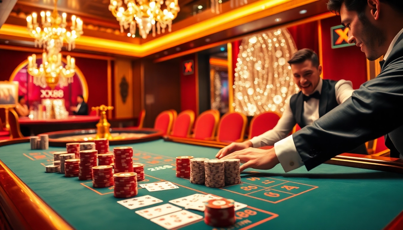 Players enjoying a thrilling game of Baccarat at XX88 casino, with lush tables and exciting atmosphere.