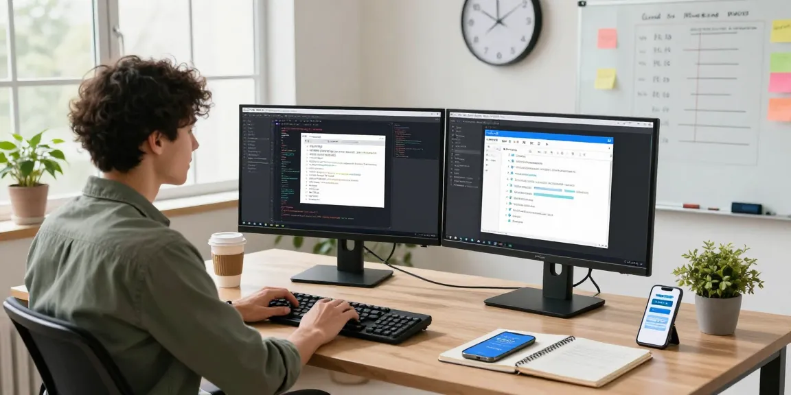 WPS Download interface displayed on dual monitors in a professional workspace, showcasing coding and productivity tools.
