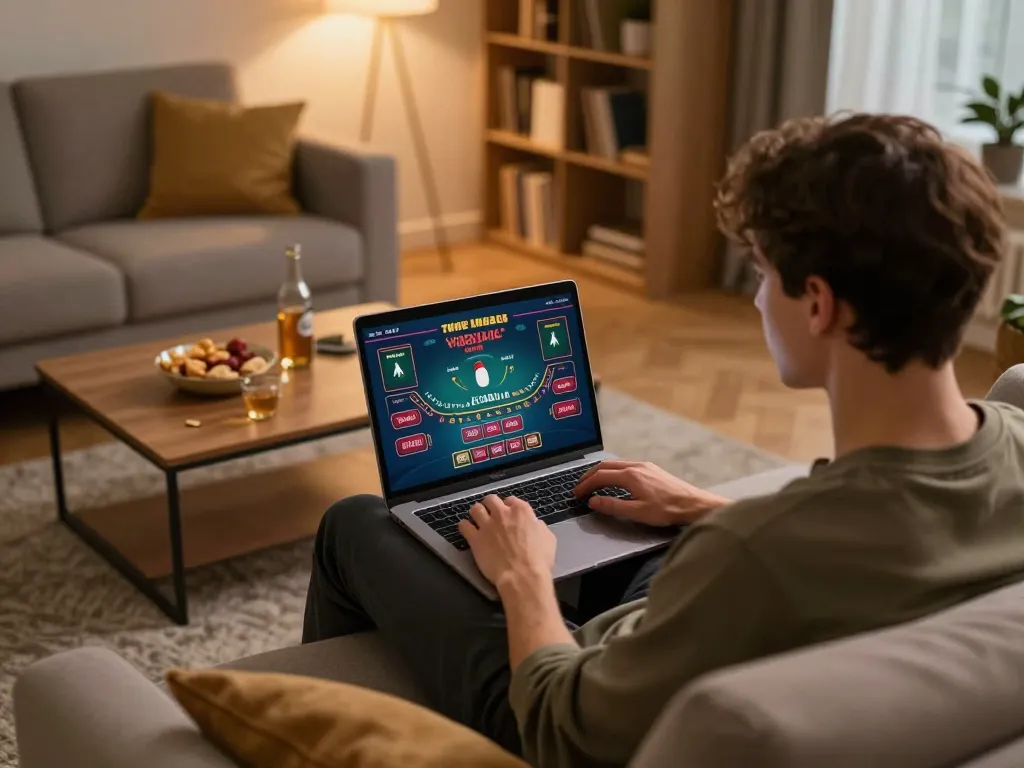 Engaging with online casino at home with nhà cái 23win on the laptop, showcasing responsible gaming.