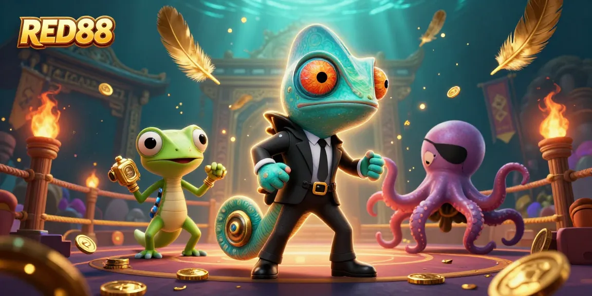 Experience thrilling gameplay with RED88's vibrant casino scene featuring a dynamic secret agent chameleon and companions.