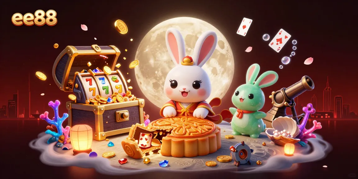 Engage in exciting slots at ee88, featuring immersive 3D illustration of moon rabbits and vibrant casino elements.