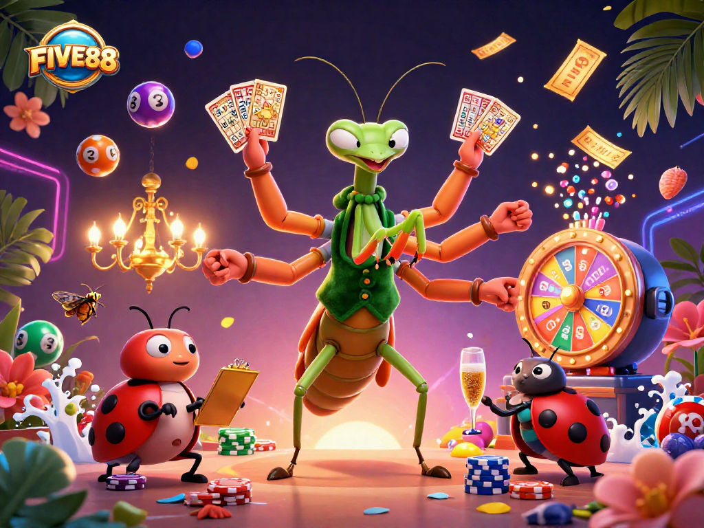 FIVE88 showcases dynamic casino action with cartoon characters in a vibrant gambling illustration