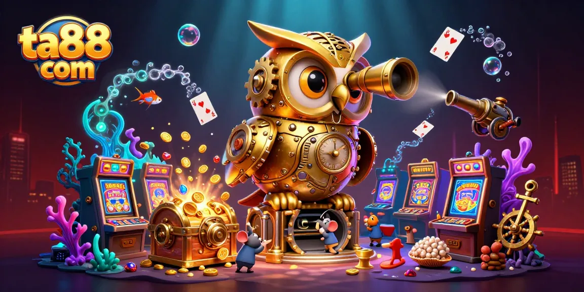 Engage with ta88 com in a vibrant casino scene featuring a golden clockwork owl and playful mice.