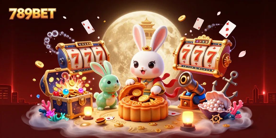 Experience 789BET with vibrant slot reels, poker chips, and an enchanting moon rabbit in a lively gaming scene.