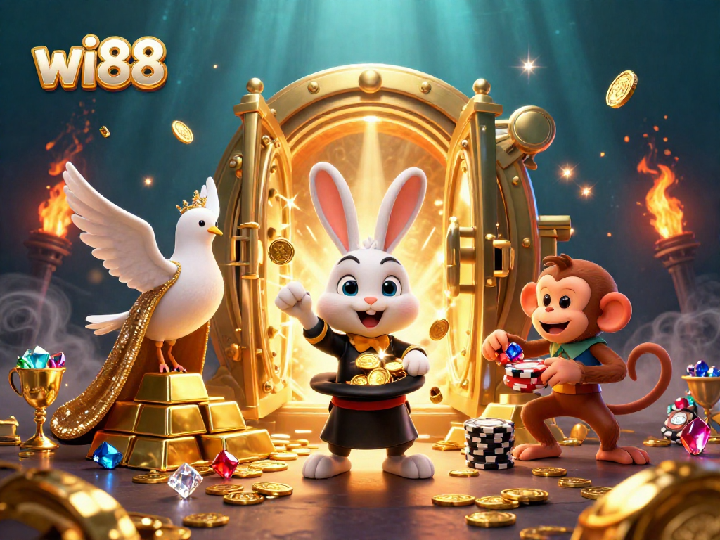 Experience the excitement of wi88 with a vibrant 3D casino scene featuring magical elements.