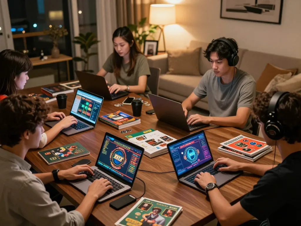 Engaging online gambling session at home with 68win, showcasing strategic gameplay on laptops.