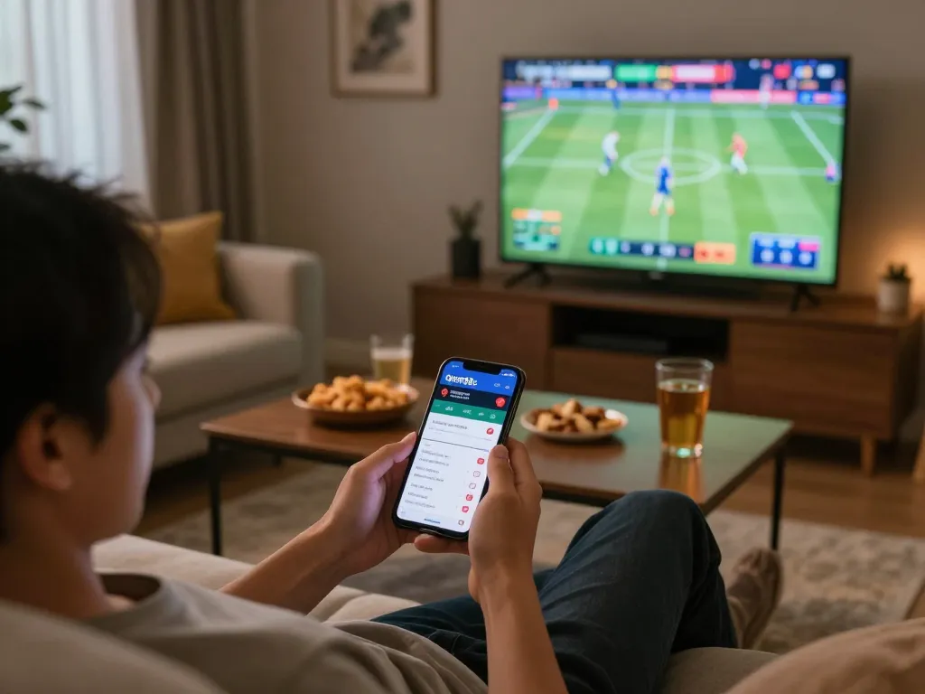 Person engaging in sports betting with open88c app on smartphone surrounded by a cozy setting.