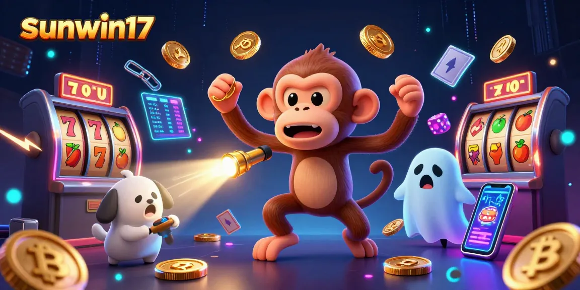 Win big at sunwin17 with a playful poltergeist monkey juggling golden chips and thrilling game elements in a vibrant casino.