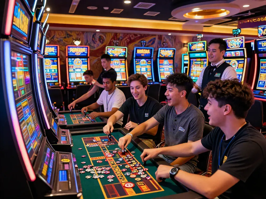 Engaged players enjoying the rokok88 slot login experience in a colorful casino atmosphere.