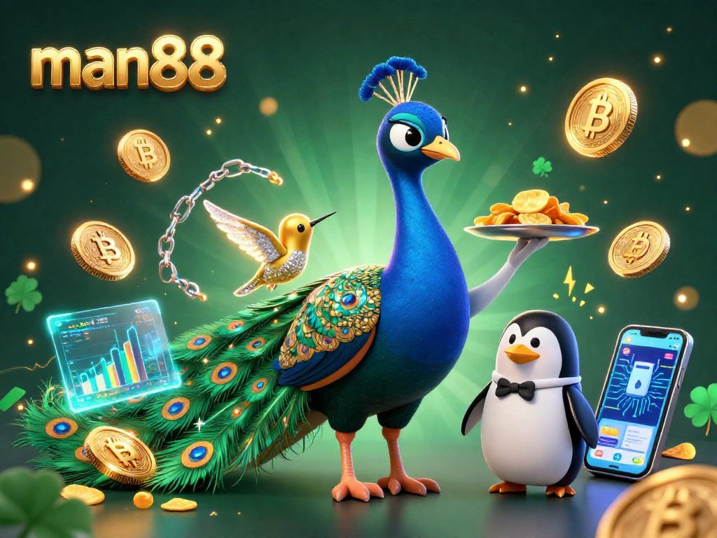 Experience thrilling gameplay with man88 showcasing vibrant characters, golden chips, and dynamic crypto elements.