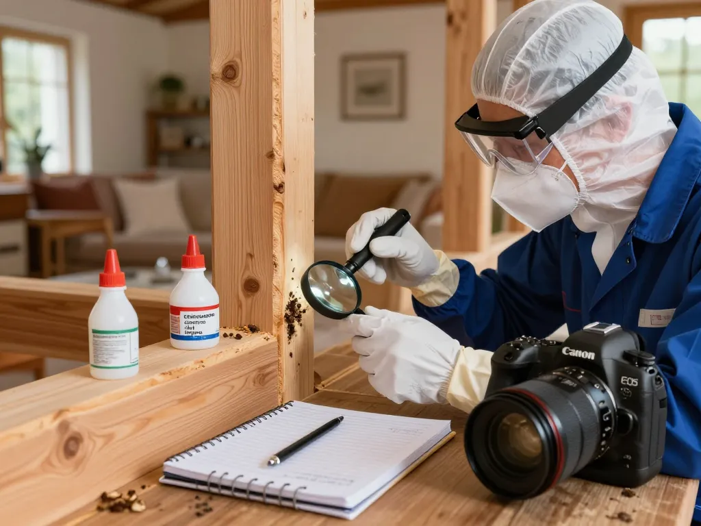 Ispezione per l'eliminazione del coleottero del legno in una casa da parte di un esperto di disinfestazione.