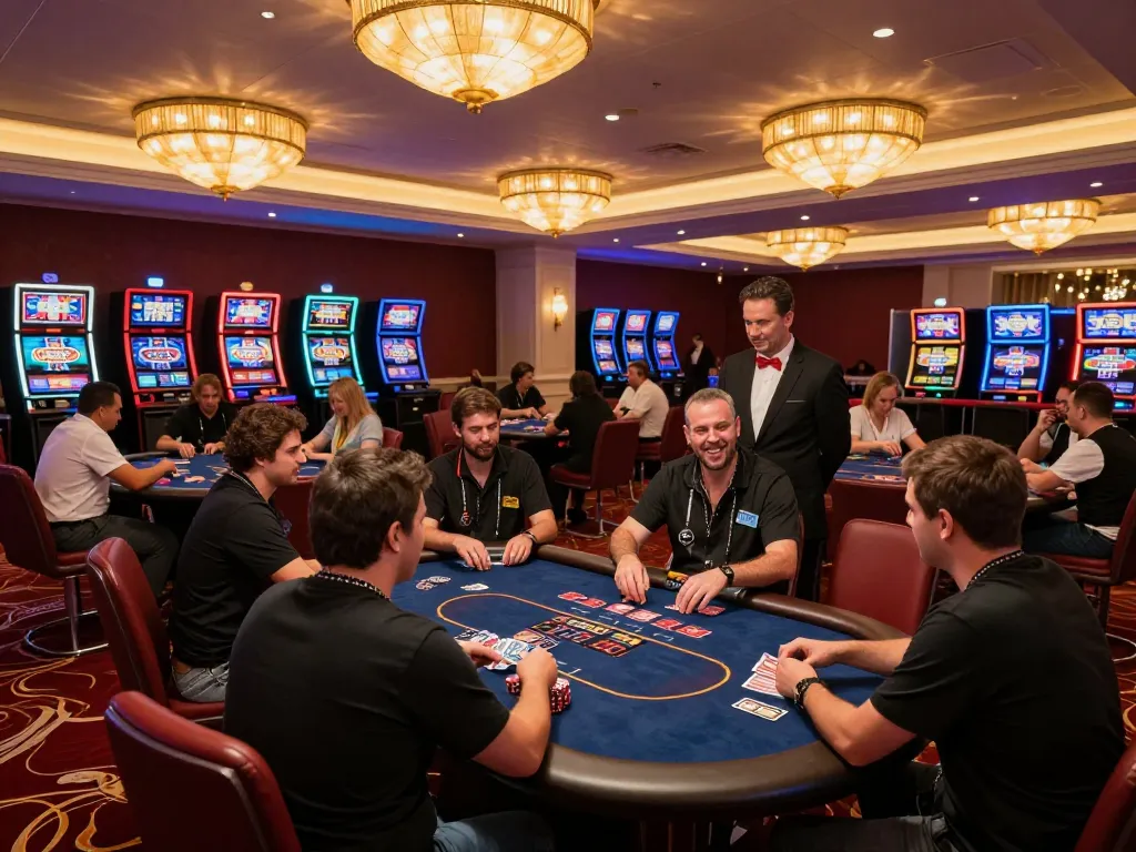 Engaged players enjoying poker tables at TG88 casino, showcasing an exciting gaming atmosphere.