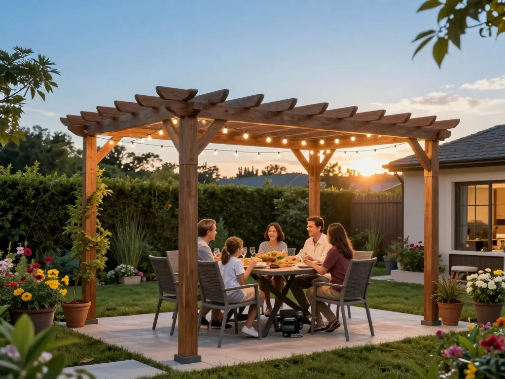 Configuratore pergole 3D presentato in un bellissimo giardino con una famiglia che gode del proprio spazio all'aperto.