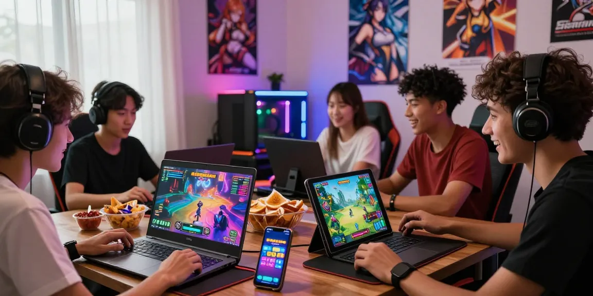 Gamers enjoying free hentai games on multiple devices in a lively room