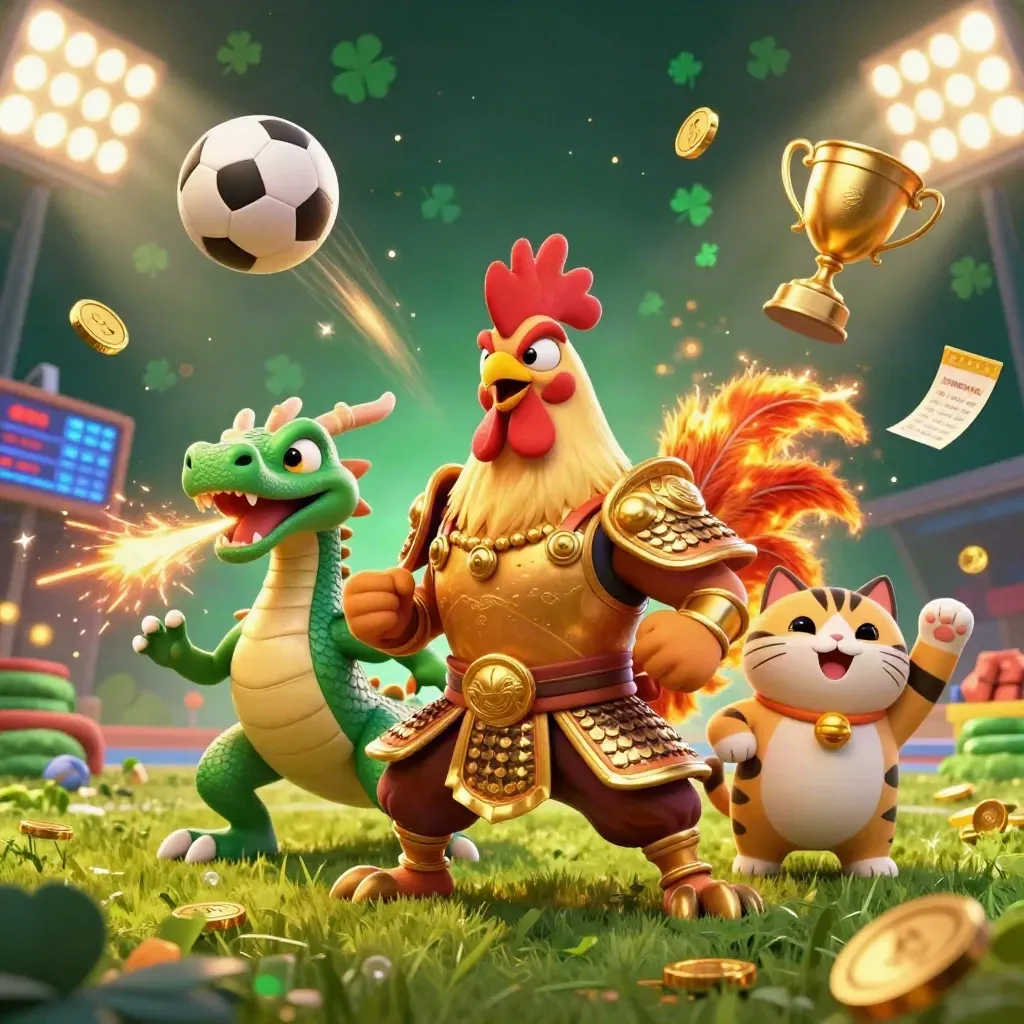 Gallo samurai, cucciolo di drago e gatto fortunato tra palle e scintille verdi e oro.