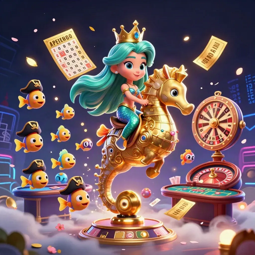 Principessa sirena su cavalluccio marino dorato tra pesci pirata e luci da casinò