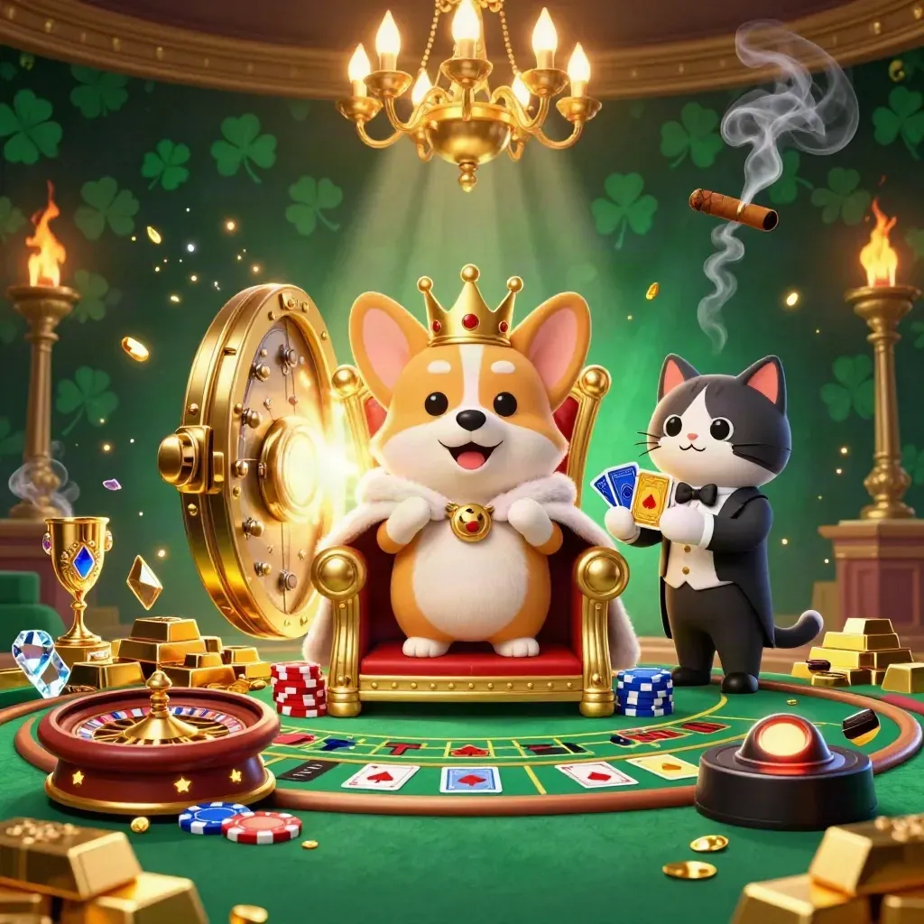 Corgi coronato e gatto maggiordomo in una sala jackpot verde/oro con tesoro e luci cinematiche.