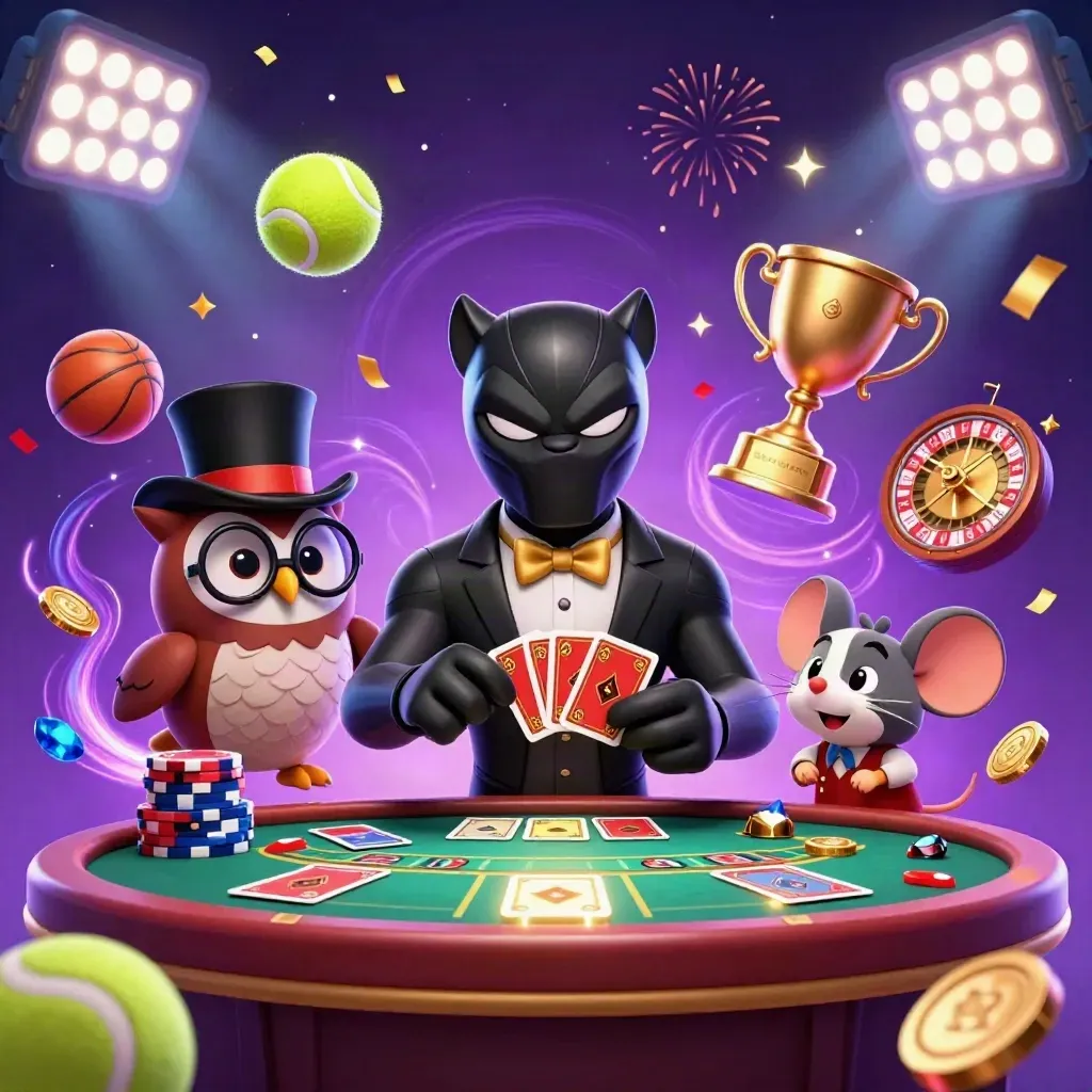 Pantera, gufo e topo da casinò tra luci, monete e sfondo stellato