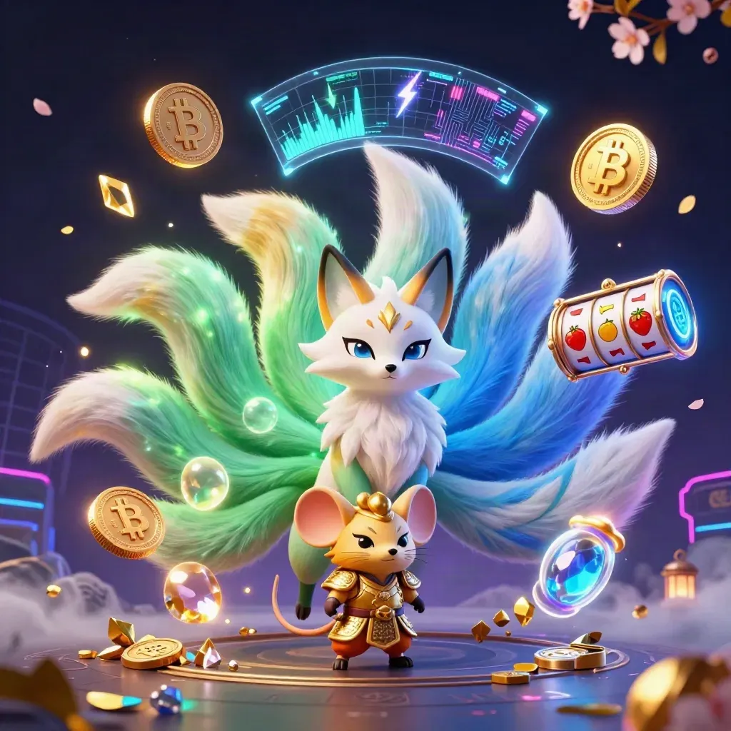 Volpe a nove code e topo samurai tra monete crypto, petali, rune e bagliori premium
