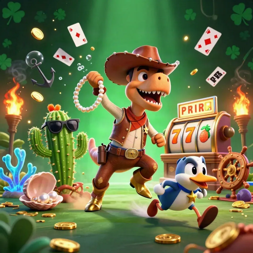 TRex cowboy, cactus e roadrunner tra tesori, monete e coralli luminosi in stile casino premium