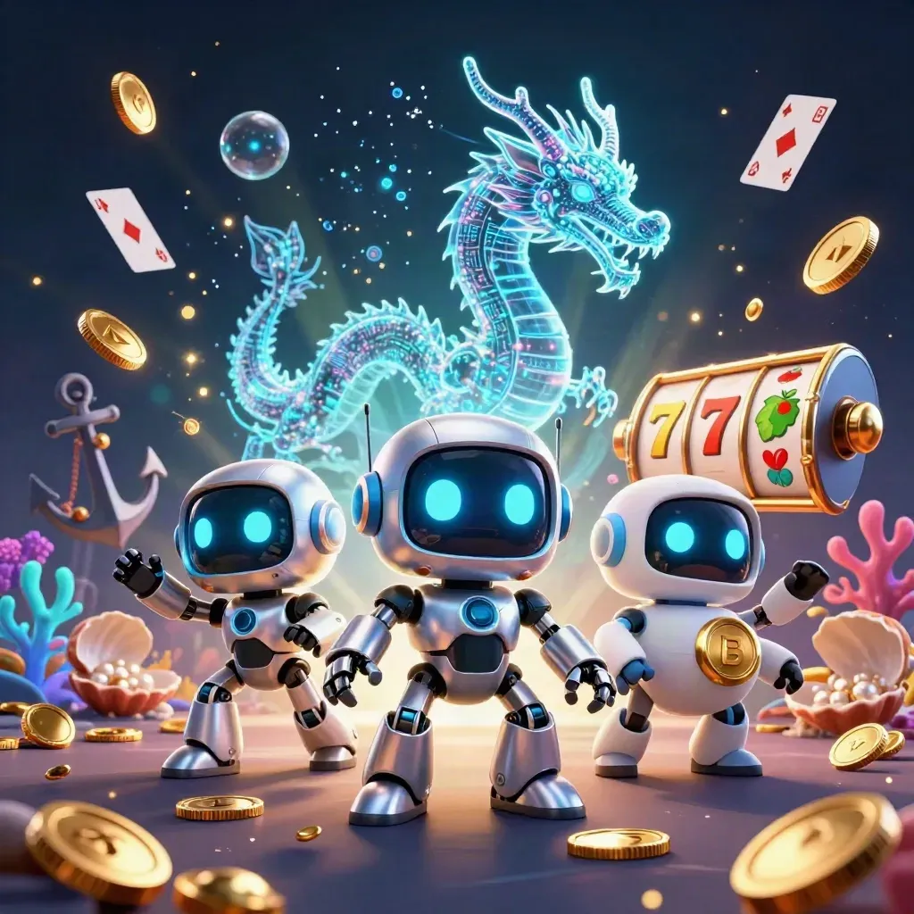 Robot cyberpunk, drago olografico e drone tra monete, coralli e fuochi nel blu notte