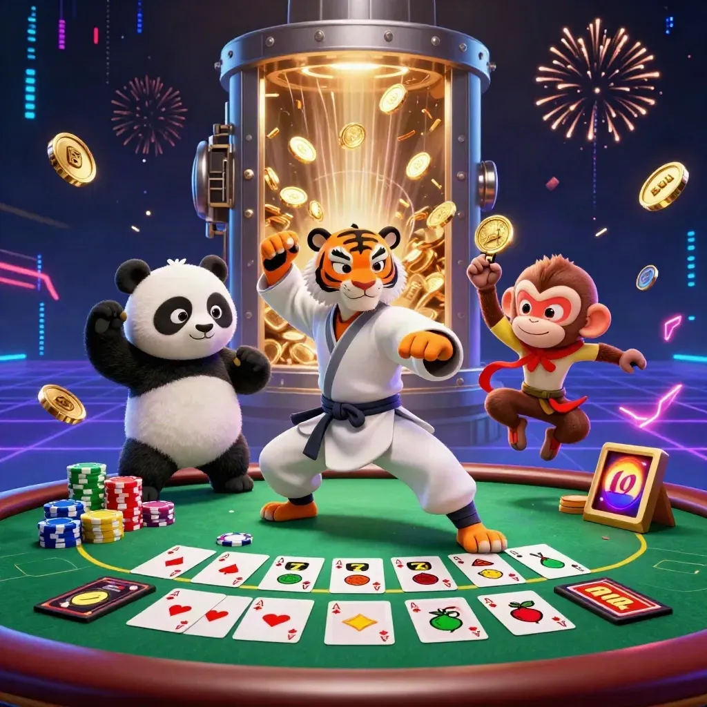 Tigre kung-fu, panda e scimmia tra fiches, carte, reels e fuochi d'artificio neon.