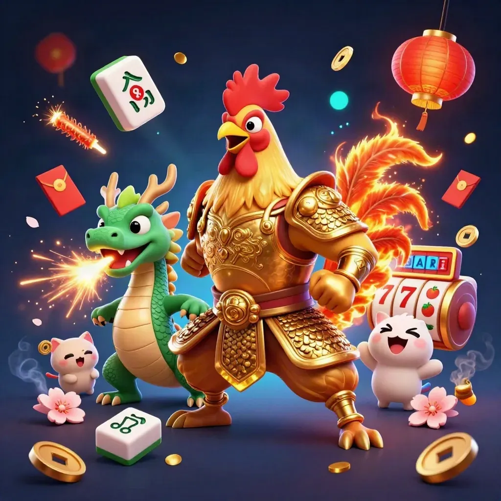 Gallo guerriero, draghino e gatto portafortuna tra simboli jackpot e scintille.